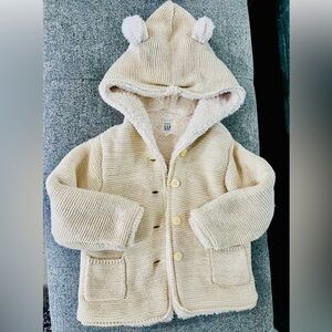 Baby Gap Cream Knit Coat Bear Ears Hooded Sherpa Lined 18–24M